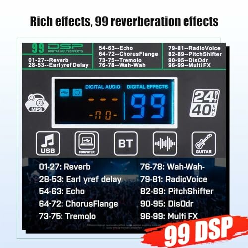 Audio device display showing 99 DSP reverb effects.