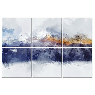 Abstract watercolor painting of mountains in blue and orange hues.