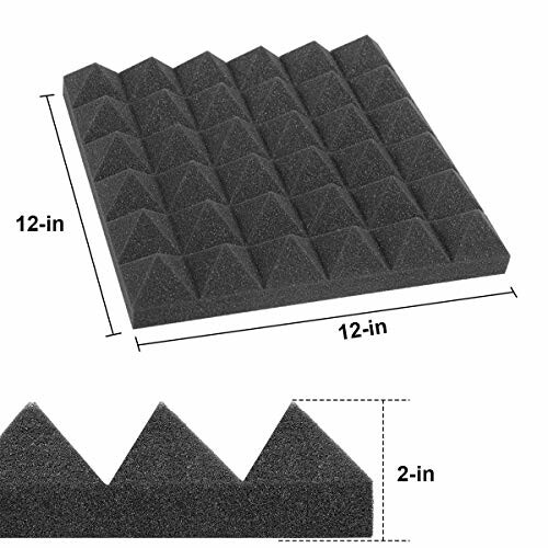 Black acoustic foam panel with pyramid pattern and size dimensions