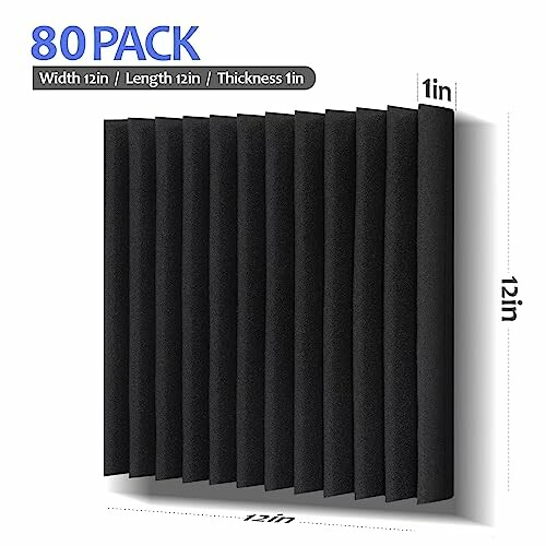 Pack of 80 black acoustic foam panels with dimensions 12x12x1 inches.