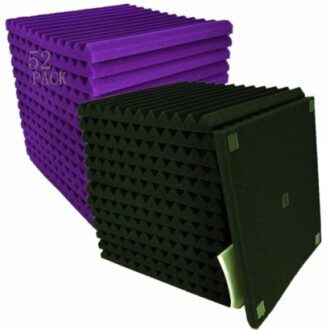 Purple and black acoustic foam panels stack.