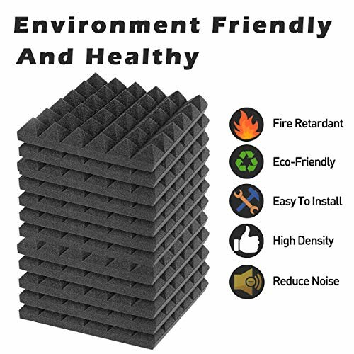 Stack of black acoustic foam panels with benefits listed, including fire retardant, eco-friendly, easy to install, high density, and noise reduction.