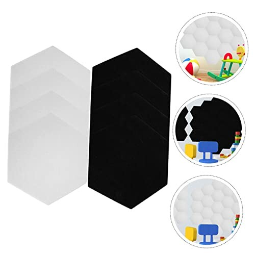 Hexagon acoustic panels in black and white with room examples.