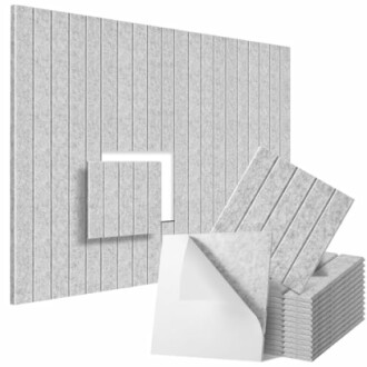 Acoustic panel tiles in various sizes and layers.