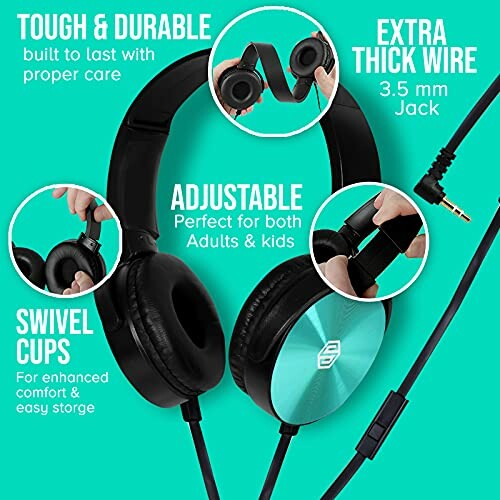 Adjustable headphones with durable design, extra thick wire, and swivel cups.