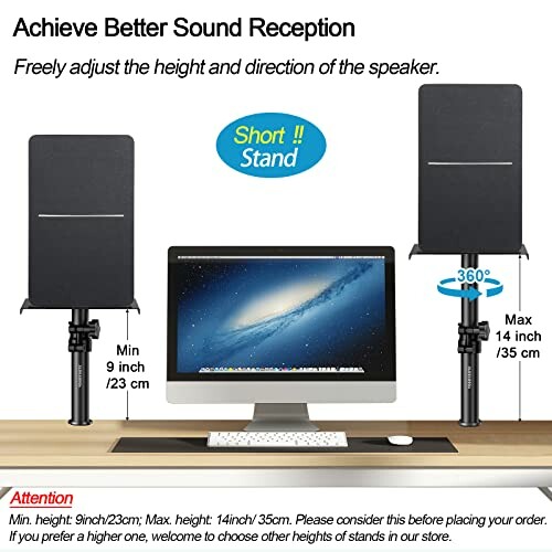 Adjustable speaker stands for optimal sound reception with height and direction options.