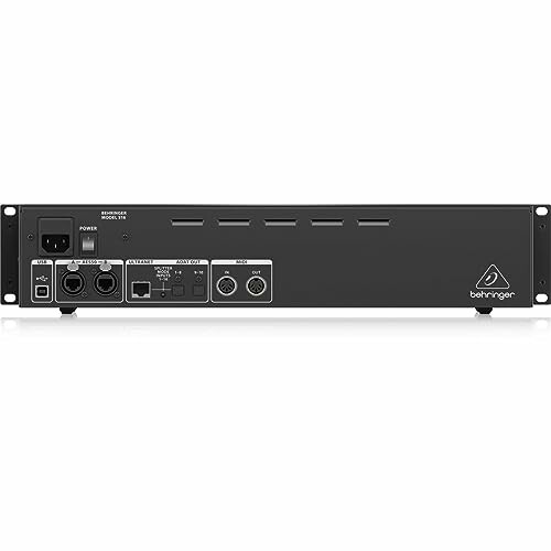 Back panel of an audio interface with various input and output ports.