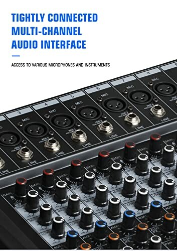 Multi-channel audio interface with knobs and XLR inputs.