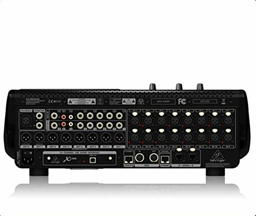 Back panel of an audio mixer with various input and output ports.