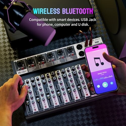 Audio mixer with Bluetooth connection and smartphone display.