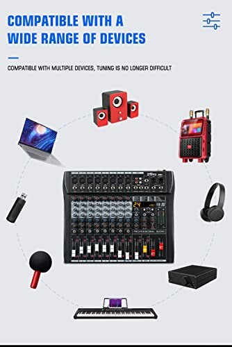 Audio mixer surrounded by various compatible devices like speakers, microphone, headphones, and more.