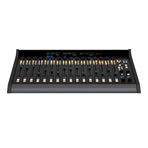 Professional audio mixer console with multiple sliders and controls