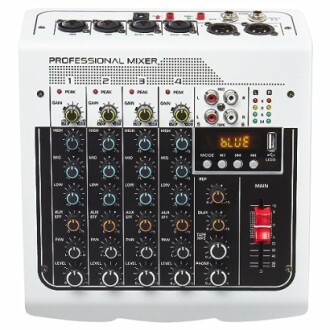 Professional audio mixer console with controls and inputs.