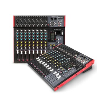 Professional audio mixer console with multiple channels and controls.