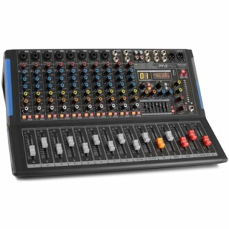 Professional audio mixer with multiple channels and controls.