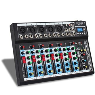 Professional audio mixer with multiple channels and controls