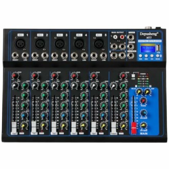 Audio mixer console with multiple channels and controls.