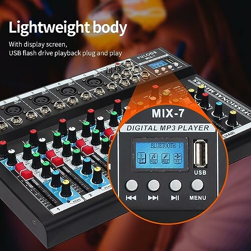 Audio mixer with digital MP3 player display and controls.