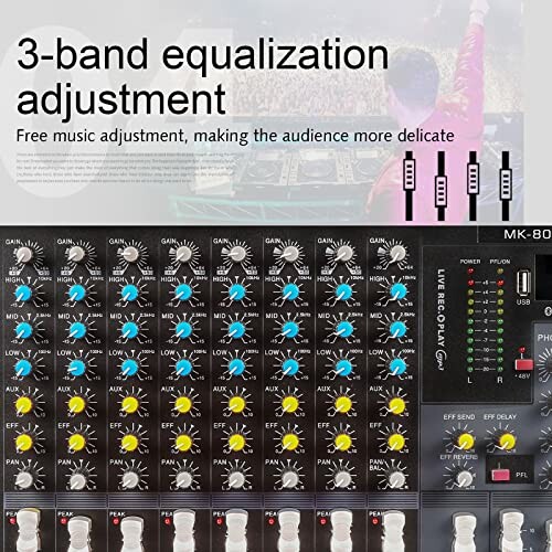 Audio mixer with 3-band equalization adjustment.