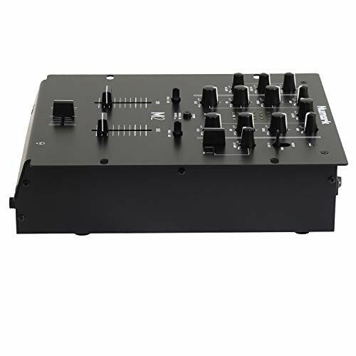 Black audio mixer with knobs and sliders.