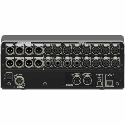 Back panel of an audio mixer interface with multiple input and output ports.