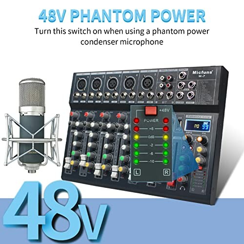 Audio mixer with 48V phantom power and microphone.