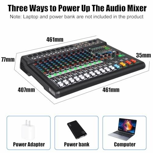 Audio mixer with dimensions and power options.