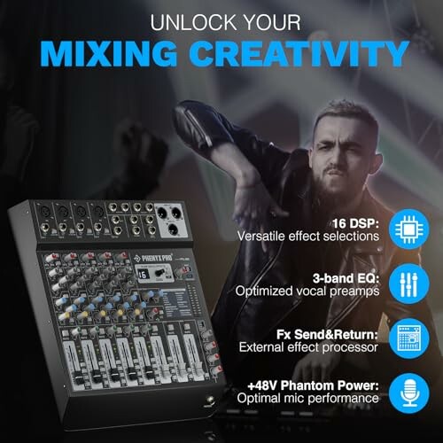 Audio mixer with features like 16 DSP, 3-band EQ, Fx Send & Return, and +48V Phantom Power highlighted.