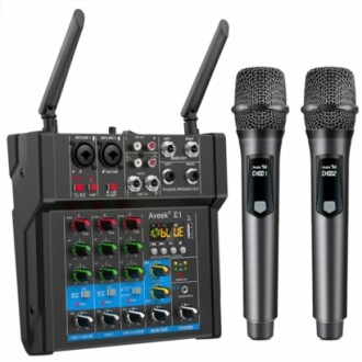 Audio mixer with two wireless microphones.