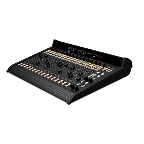 Audio mixing console with multiple sliders and knobs