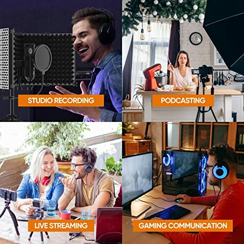 Collage of studio recording, podcasting, live streaming, and gaming communication activities.