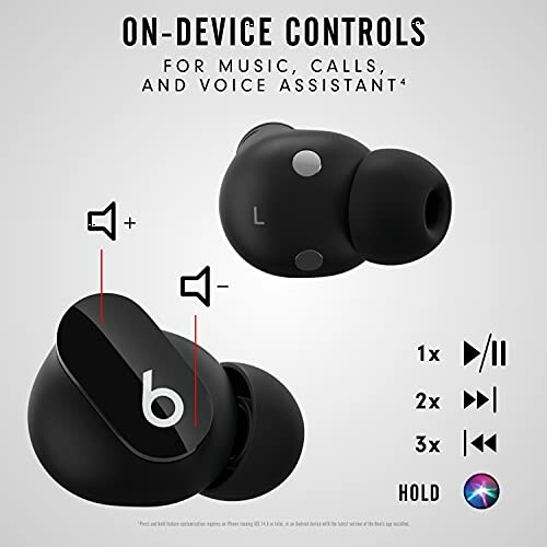 Diagram of Beats earbuds showing on-device controls for music, calls, and voice assistant.