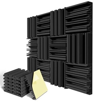 Black acoustic foam panels with adhesive squares.