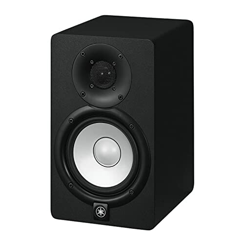 Black audio speaker with a woofer and tweeter.