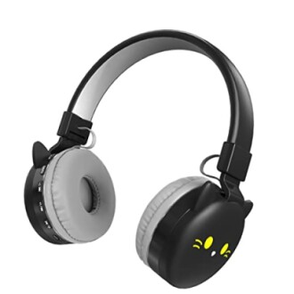 Black headphones with cat ears and yellow whisker design.