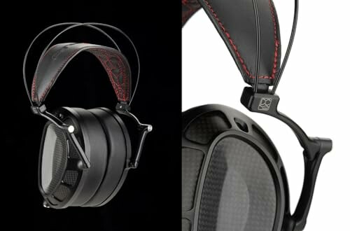 Black headphones with carbon fiber ear cups and red stitching on the headband.