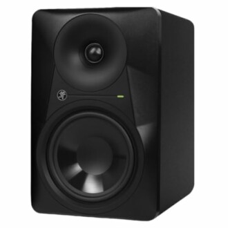 Black studio monitor speaker with large woofer and tweeter.