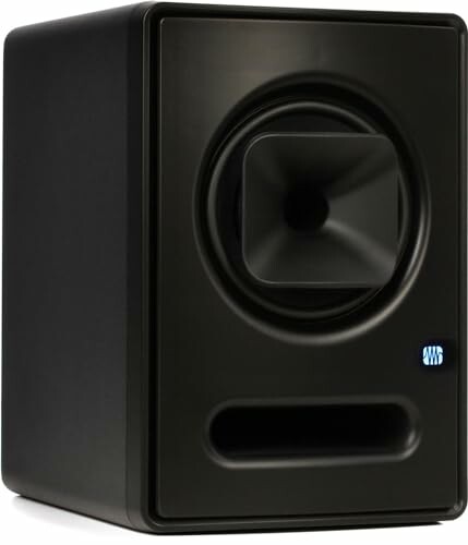 Black studio monitor speaker with logo.