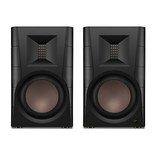 Pair of black studio monitor speakers with distinctive design.