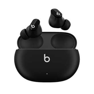 Black wireless earbuds with charging case.