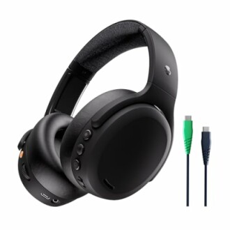 Black wireless headphones with detachable cables.