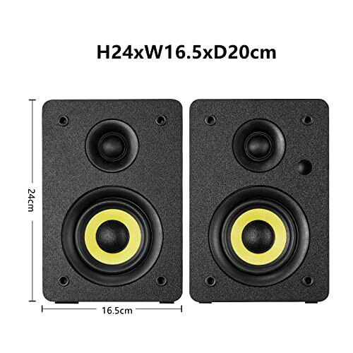 Black speakers with yellow accents and dimensions H24xW16.5xD20cm.