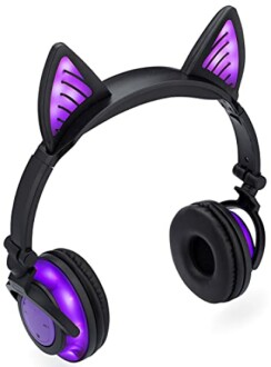 Black and purple cat ear headphones with glowing lights