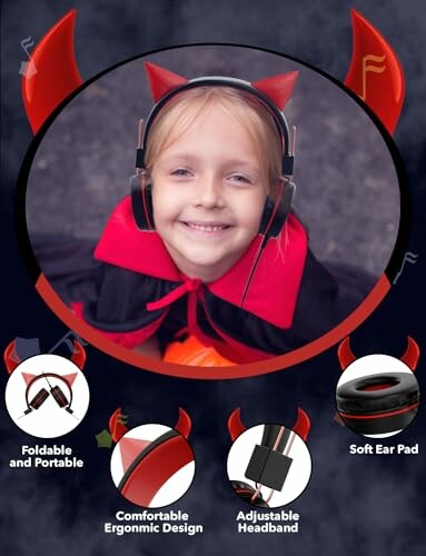 Child in devil costume wearing headphones with ergonomic features.