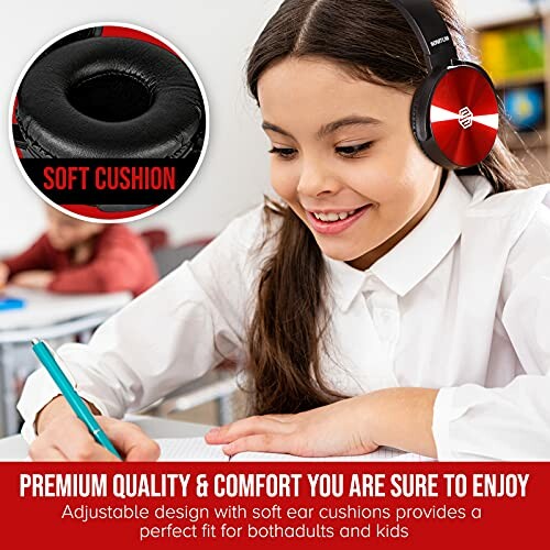 Child wearing headphones with soft cushion studying at desk.