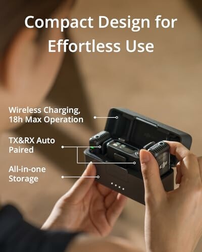 Person holding a compact audio device with features listed: wireless charging, 18h operation, auto pairing, all-in-one storage.