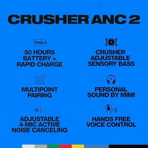 Crusher ANC 2 features: 50 hours battery, adjustable sensory bass, multipoint pairing, personal sound, active noise canceling, hands-free voice control.