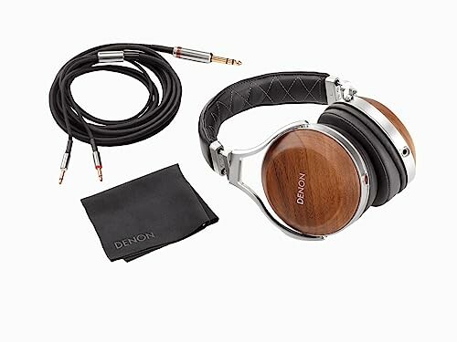 Denon headphones with wooden ear cups, detachable cable, and pouch.