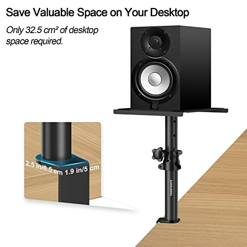 Speaker stand on desk saves space with adjustable height.