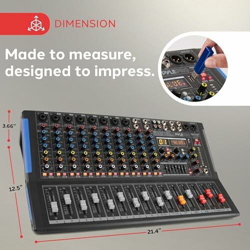 Audio mixer with multiple channels and dimensions shown.